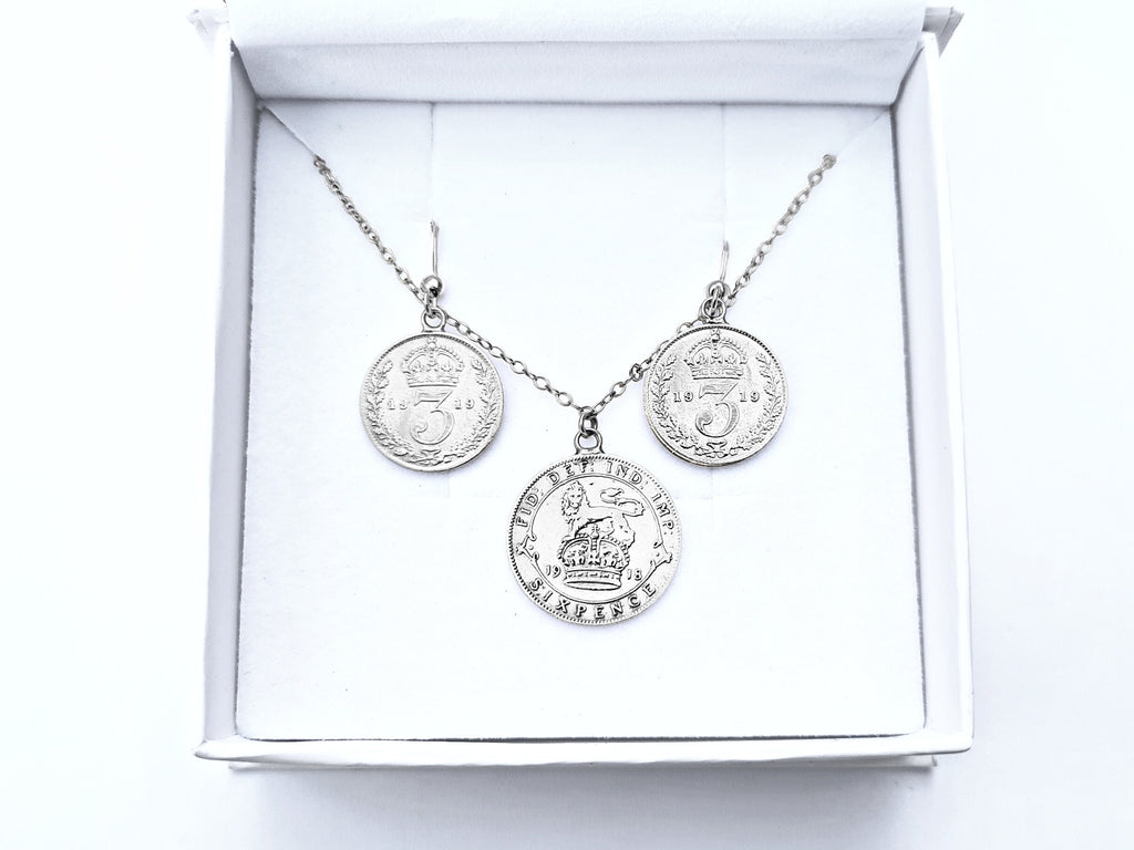 Sterling Silver Gift Set: George V Sixpence Necklace & Threepence Earrings