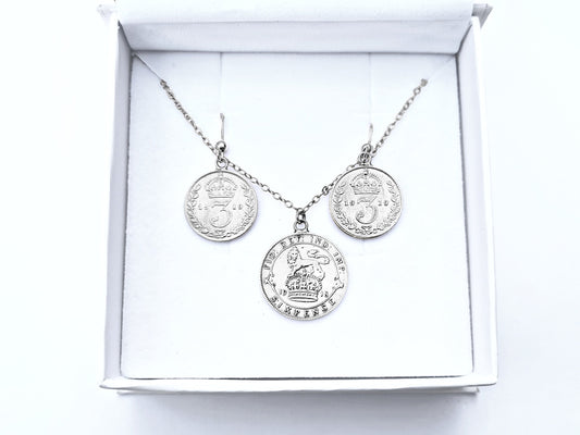 Gift Set: sterling silver George V wartime sixpence coin necklace and sterling silver threepence coin earrings - perfect Christmas gift