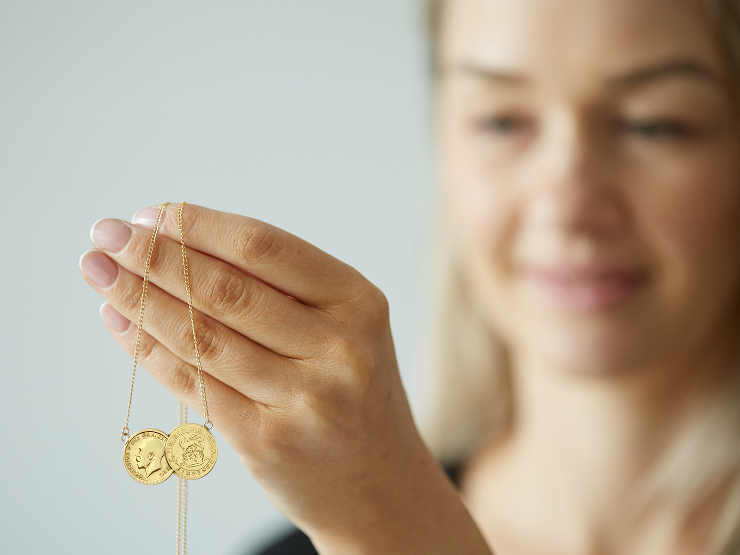 Sixpence Double Coin Necklace Sterling Silver - 24k Gold Plated, 24k Rose Gold Plated and Non-plated. Featuring George V plus Lion and Crown