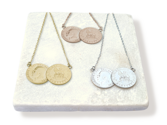 Sixpence Double Coin Necklace Sterling Silver - 24k Gold Plated, 24k Rose Gold Plated and Non-plated. Featuring George V plus Lion and Crown
