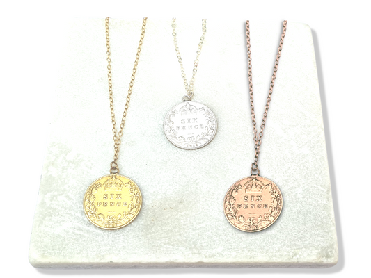 Sixpence Coin Necklace Sterling Silver - 24k Gold Plated, 24k Rose Gold Plated and Non-plated. Featuring King Edward plus Wreath and Crown