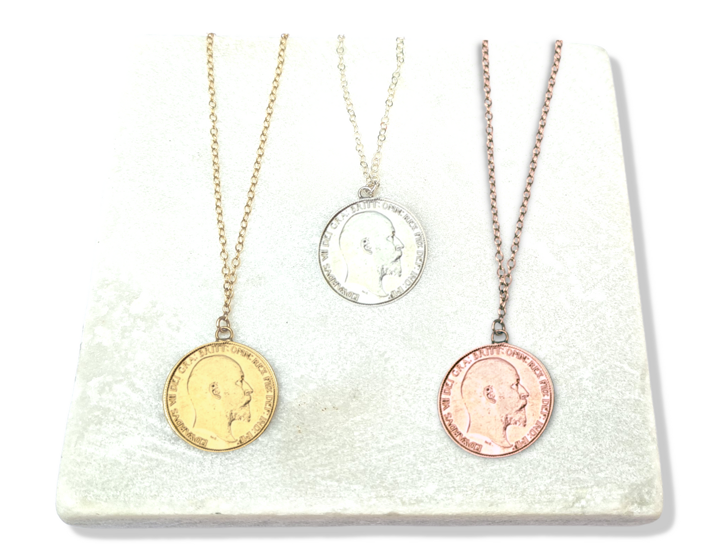 Sixpence Coin Necklace Sterling Silver - 24k Gold Plated, 24k Rose Gold Plated and Non-plated. Featuring King Edward plus Wreath and Crown