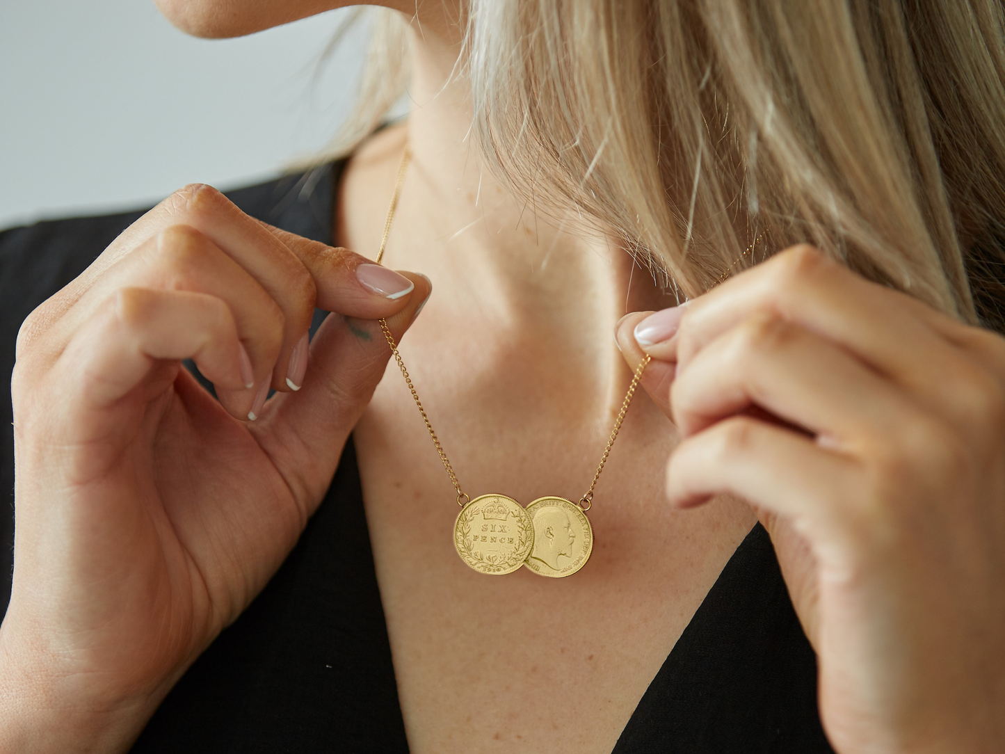 Sixpence Double Coin Necklace Gold Plated, Rose Gold plated and Non-plated. Genuine sterling silver sixpences featuring King Edward VII