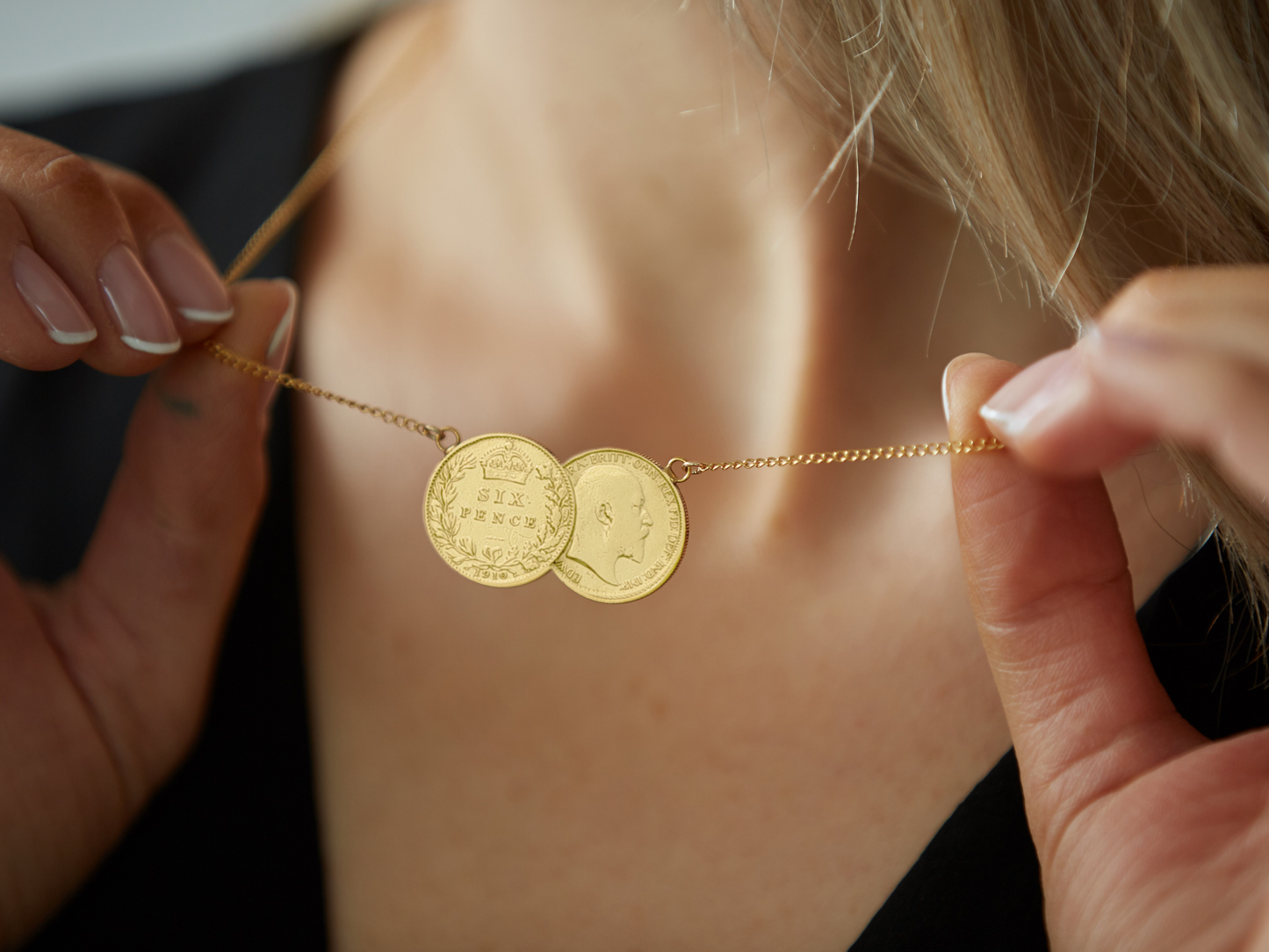 Sixpence Double Coin Necklace Gold Plated, Rose Gold plated and Non-plated. Genuine sterling silver sixpences featuring King Edward VII