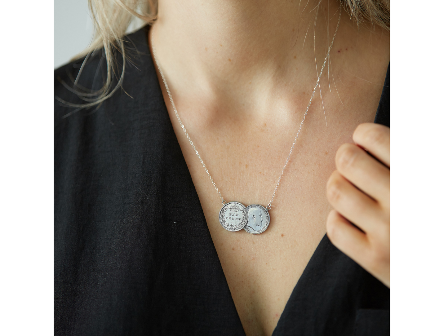 Sixpence Double Coin Necklace Sterling Silver Genuine Sixpence Coins