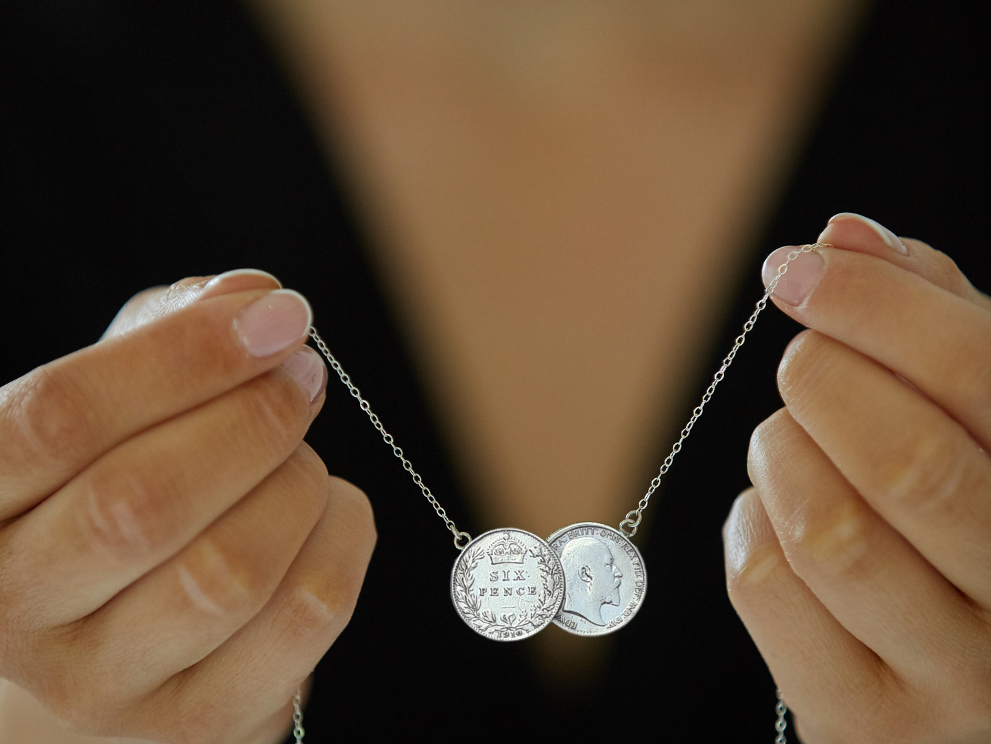 Sixpence Double Coin Necklace Gold Plated, Rose Gold plated and Non-plated. Genuine sterling silver sixpences featuring King Edward VII