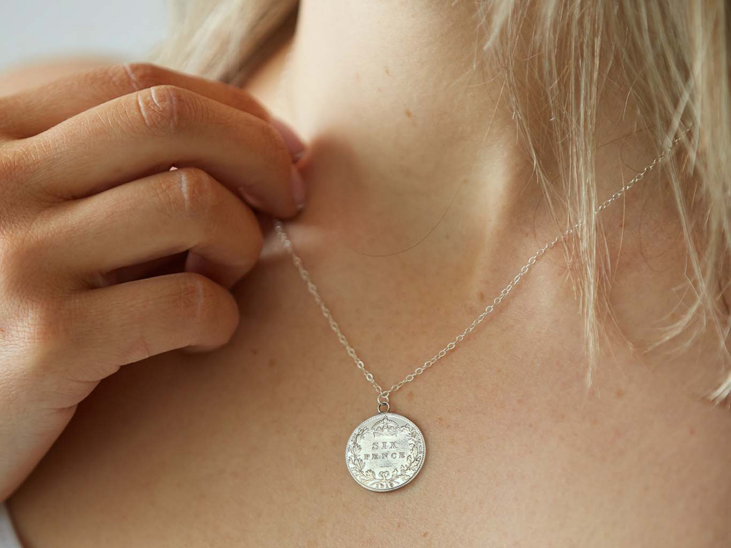 Sixpence Coin Necklace Sterling Silver - 24k Gold Plated, 24k Rose Gold Plated and Non-plated. Featuring George V plus Lion and Crown